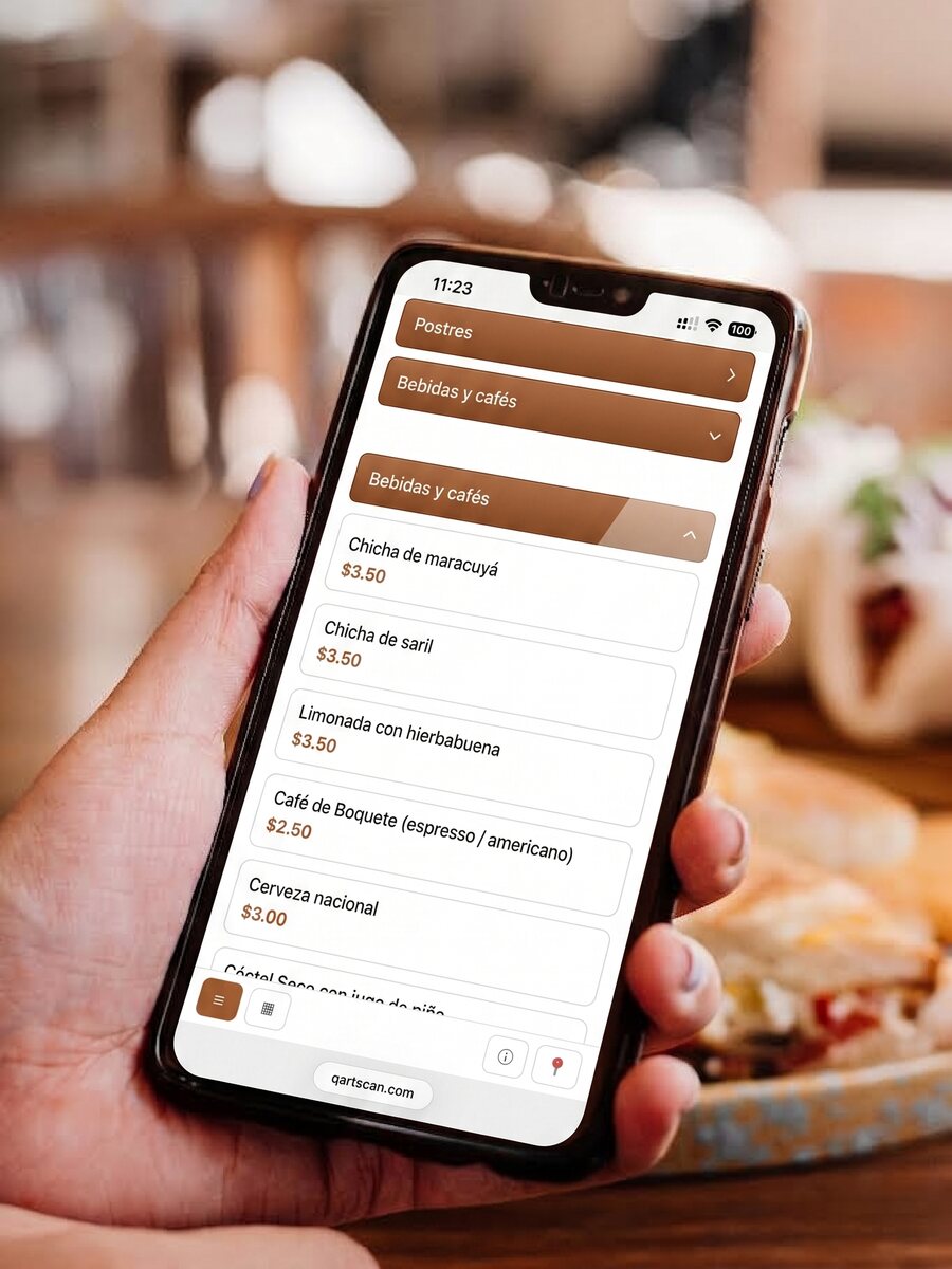 QR digital menu open on the drinks section