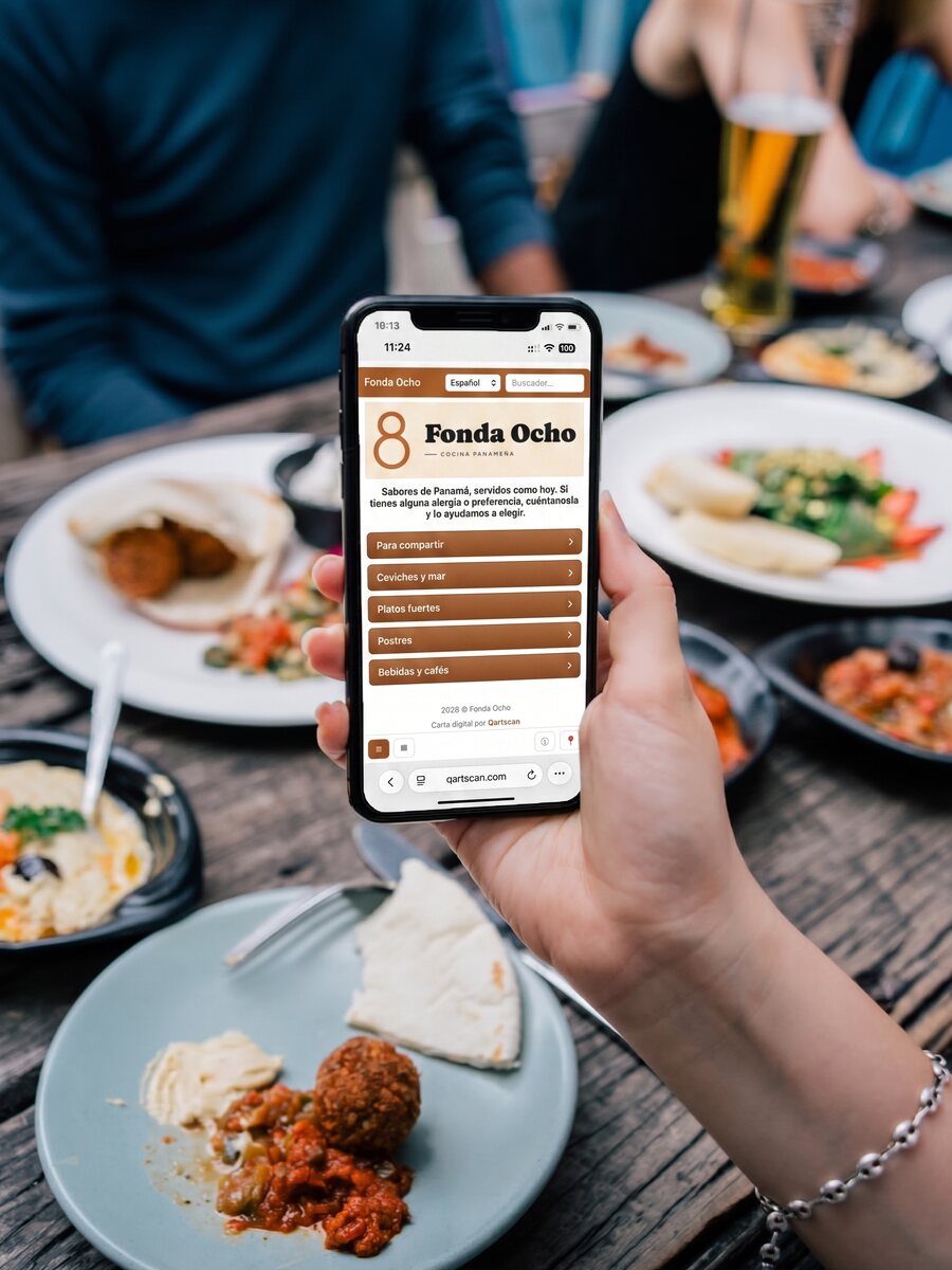 Guests checking the QR digital menu over lunch